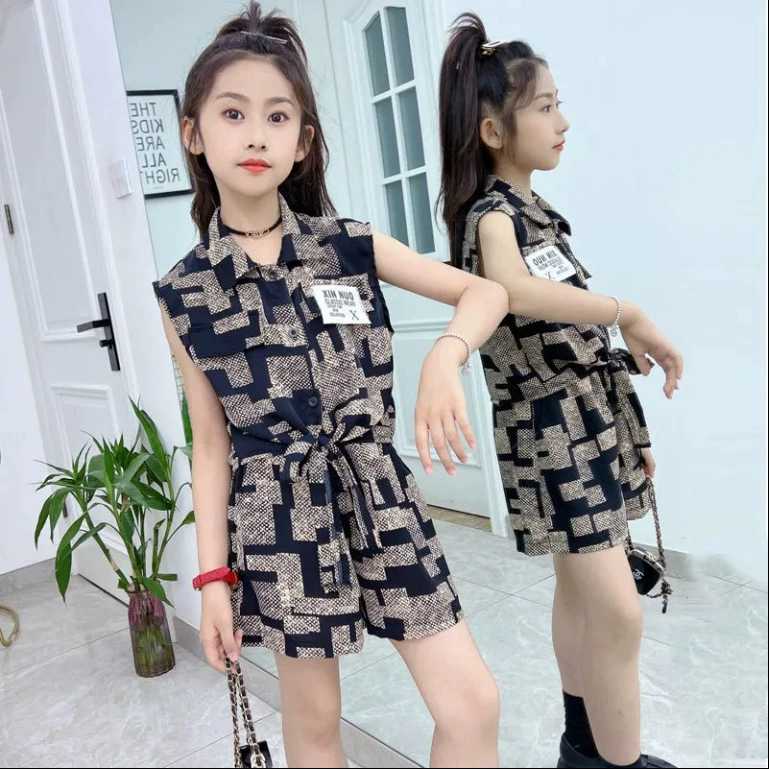 Шифоновый комплект без рукавов для детей, western‑стиль, принт «лабиринт», ~8–9 лет, брать на размер больше
