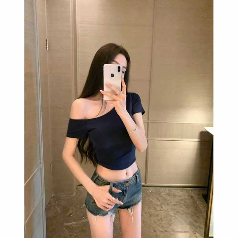 2025 Pure Lust Style Slanted Shoulder Short-Sleeved T-Shirt Women's Short Navel-Baring Tight Sexy Top Ins