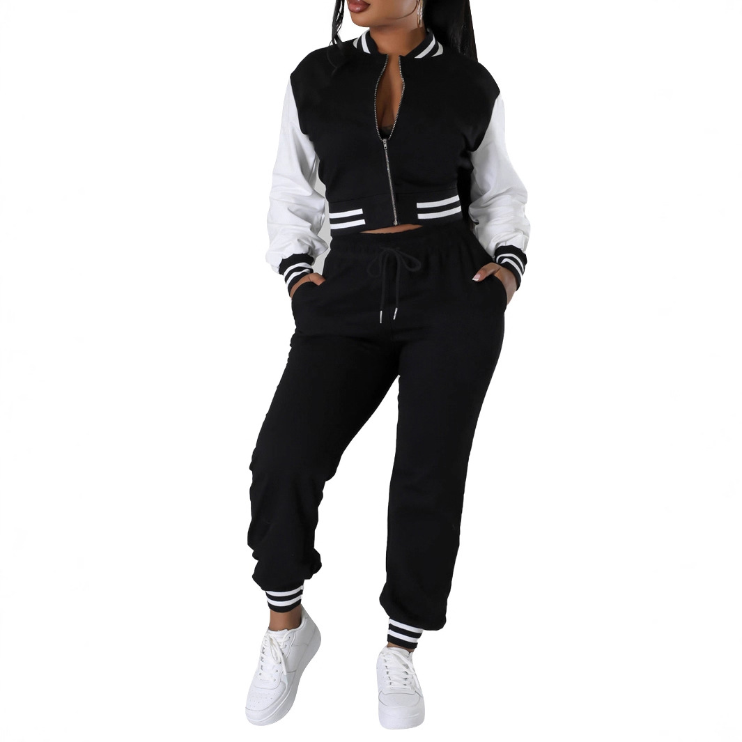 F6024 European and American Women's Clothing Contrasting Color Casual Zipper Long-Sleeved Top and Drawstring Flap Pocket Pants Sports Style Pants Suit