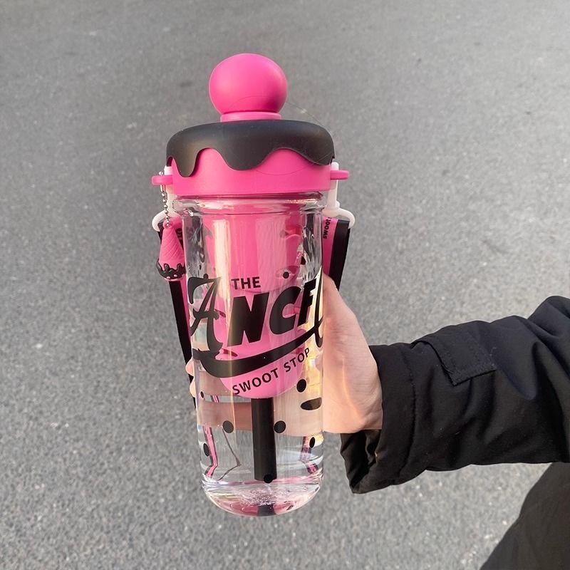 ハンドル付きティーバンクウォーターカップ、見栄えの良い漫画学生ダブルコンパートメントプラスチックウォーターカップ、大容量ドーパミンポータブルストローカップ|undefined