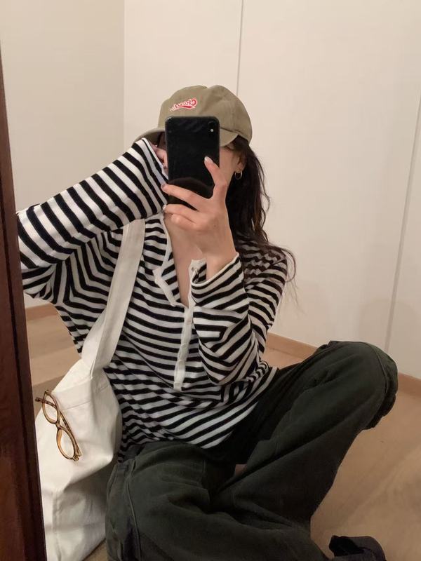 纽扣休闲条纹针织衫女春秋宽松羊毛打底衫清新休闲长袖上衣G1470|undefined