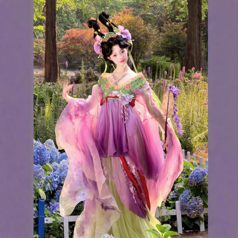 Tang-Style Modified Hanfu for Women, Purple-Green Gradient Floral Embroidery Hezi Skirt, Ethereal and Flowing Large-Sleeved Shirt in Ancient Style