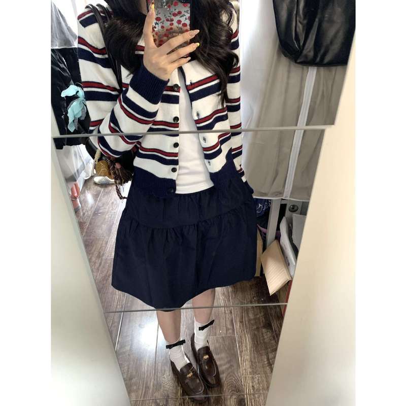 韩版撞色条纹针织开衫女2025早秋新款复古小香风圆领刺绣毛衣外套|undefined