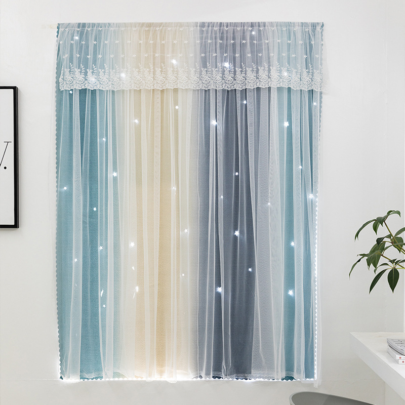 Red de hilo de tela de color rojo integrado gradiente hueco estrella de alta sombreado cortina de Velcro terminado dormitorio ventana de la Bahía sin perforar