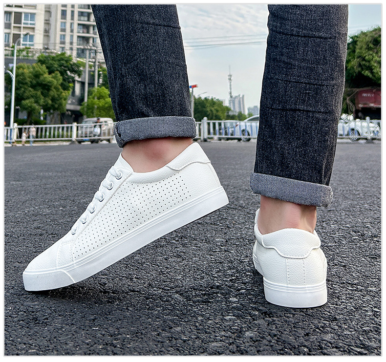 Caoutchouc petit blanc nouveaux trous de maille en cuir décontracté, à lacets d'été, chaussures de sport à fond plat pour étudiants, pour hommes_voghion.com