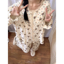 少女小熊印花长袖睡衣女春秋款2024年新款婴儿棉纱家居服套装纯棉