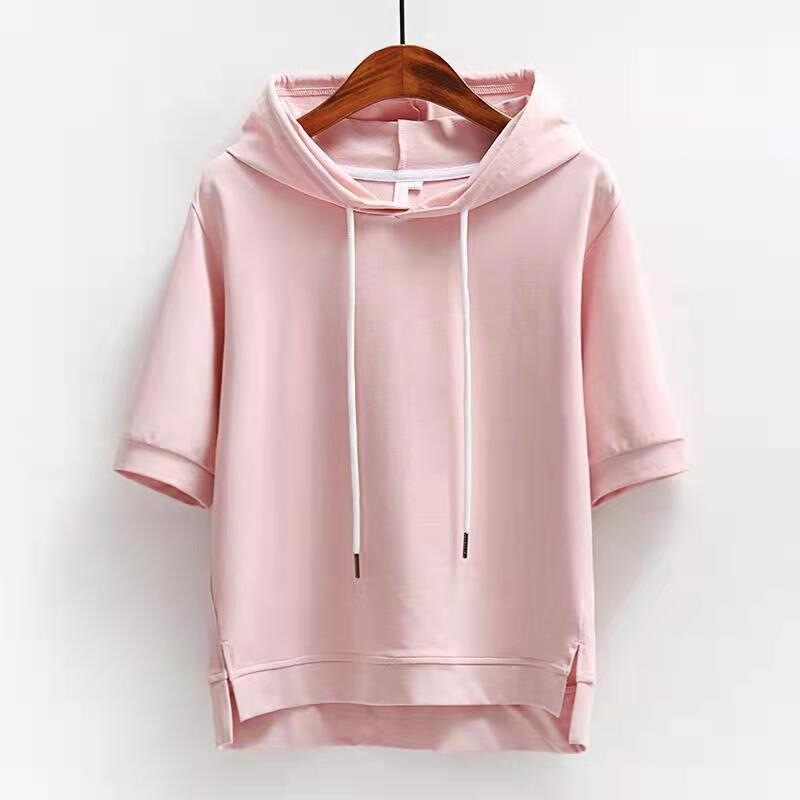 Cotton Short-Sleeved Sweatshirt for Women, Loose Solid Color 2022 New Spring and Summer Half-Sleeved Slit Five-Quarter Sleeve Hooded T-Shirt Top Cotton Short-Sleeved Sweatshirt for Women, Loose Solid Color 2022 New Spring and Summer Half-Sleeved Slit Five-Quarter Sleeve Hooded T-Shirt Top
