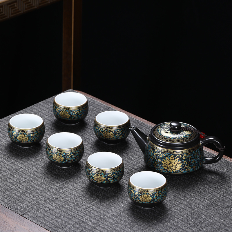 德化陶瓷功夫茶具7头黑色亚光满彩富贵满堂中式复古整套礼品套装|ms