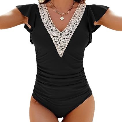 2024 New European And American Women's Multi-color Lace V-neck Ruffled One-piece Swimsuit Cross-border Direct_desvips.com