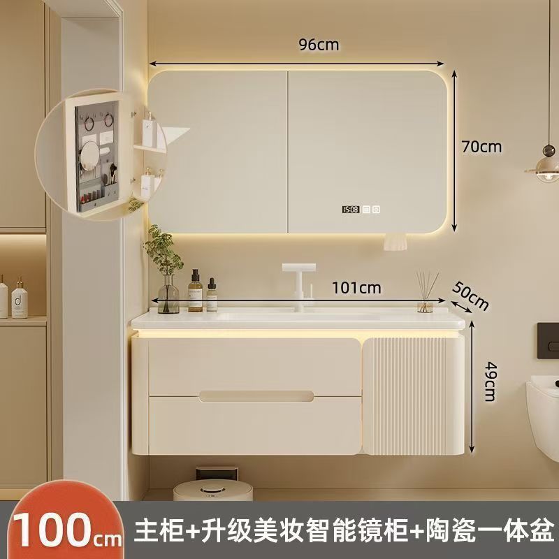 소녀들에게 희소식 [미용 수납 거울 상자 모델] - 101cm + 올 오크 + 광저우 프리미엄 둥근 모서리 세라믹 일체형 세면대