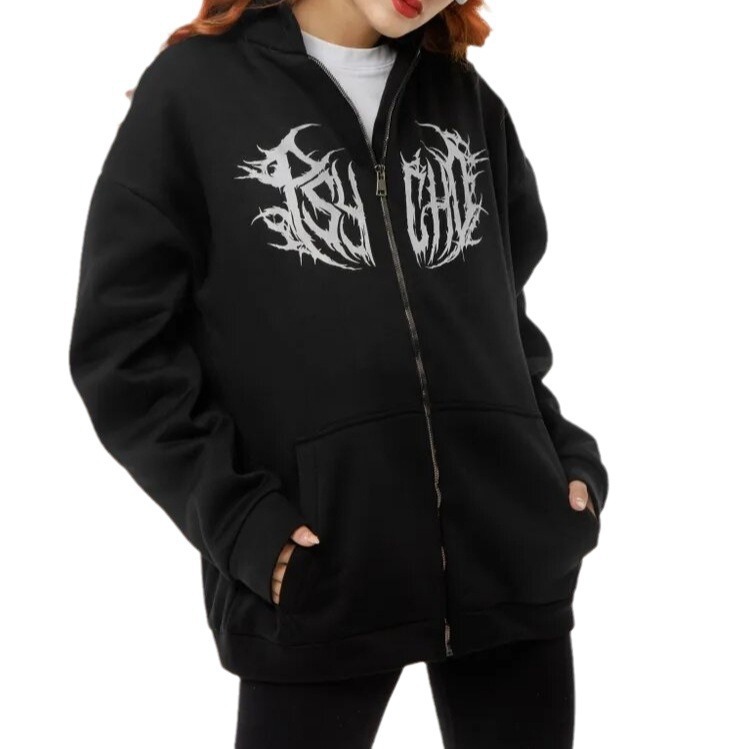 Veste polaire à capuche zippée avec imprimé éclair Y2K Wildberries en promotion pour femme_voghion.com