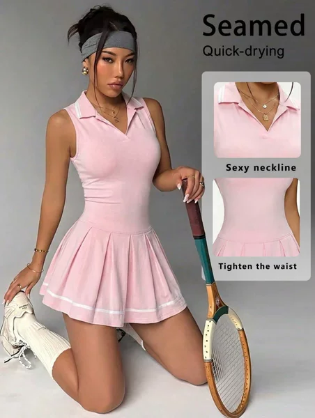 European and American style sleeveless polo collar one-piece tennis dress set, color-blocking pleated waist-slimming fitness dress for golf