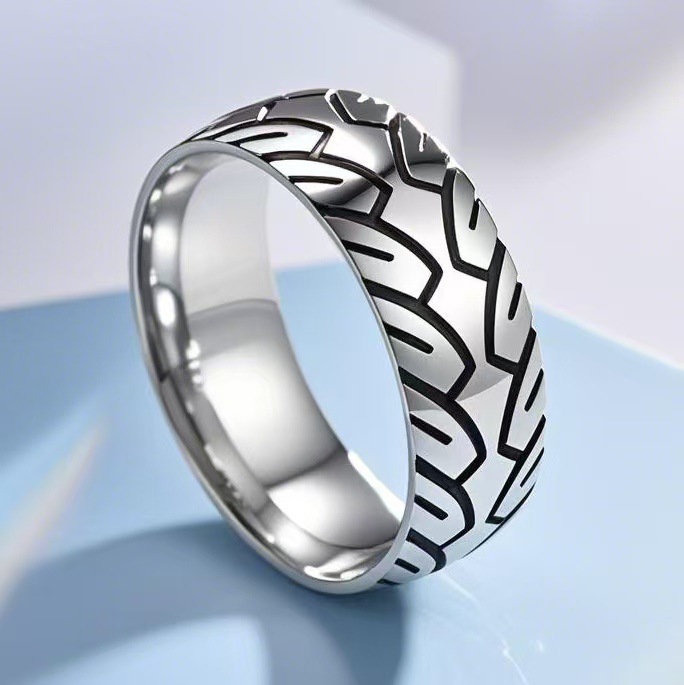 Stackable Men's Titanium Steel Ring Etched Tire Pattern Jewellery_voghion.com