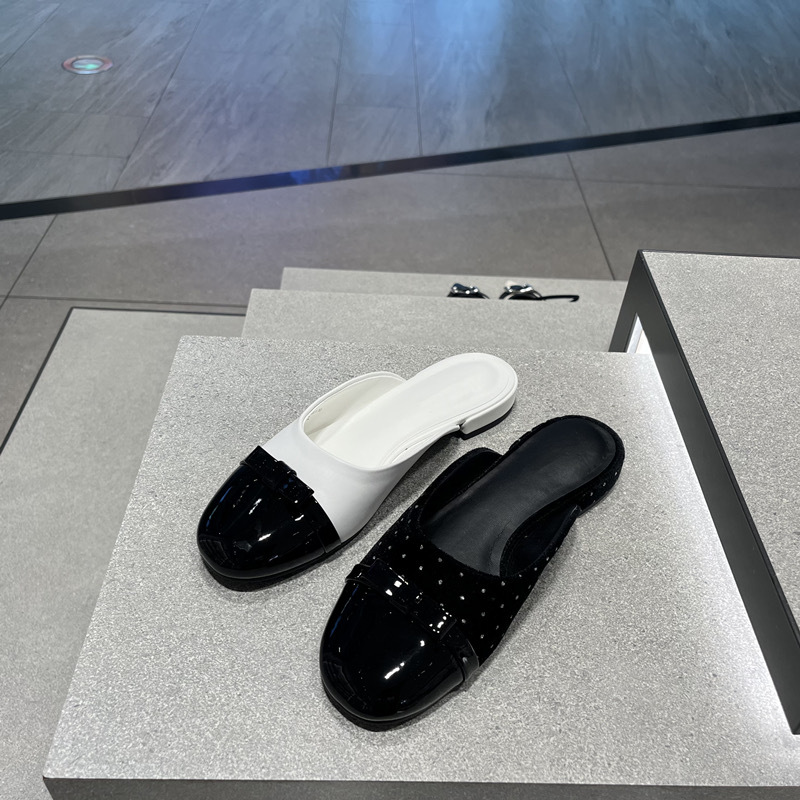 Damen Slipper Mit Schleife Farbblock Design Flache Sandalen_voghion.com