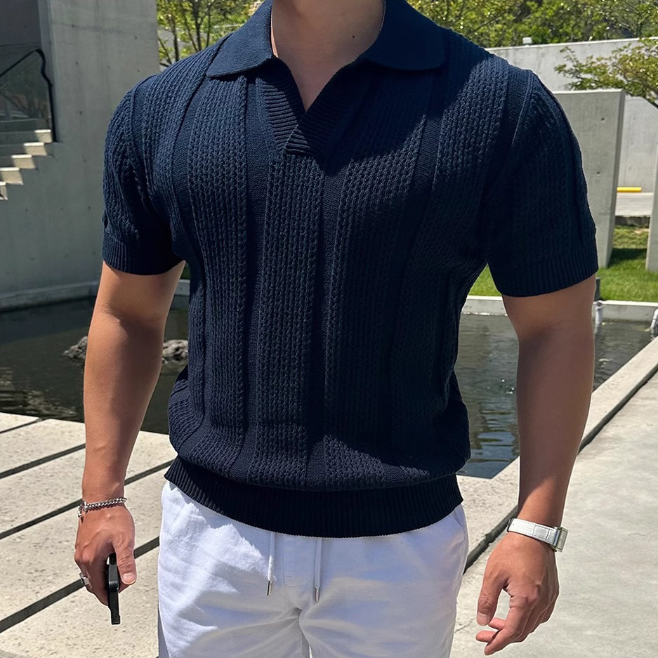 Verano nuevo estilo suéter de manga corta hombre hueco seda de hielo camisa POLO solapa delgado negocio marea comercio exterior transfronterizo al por mayor