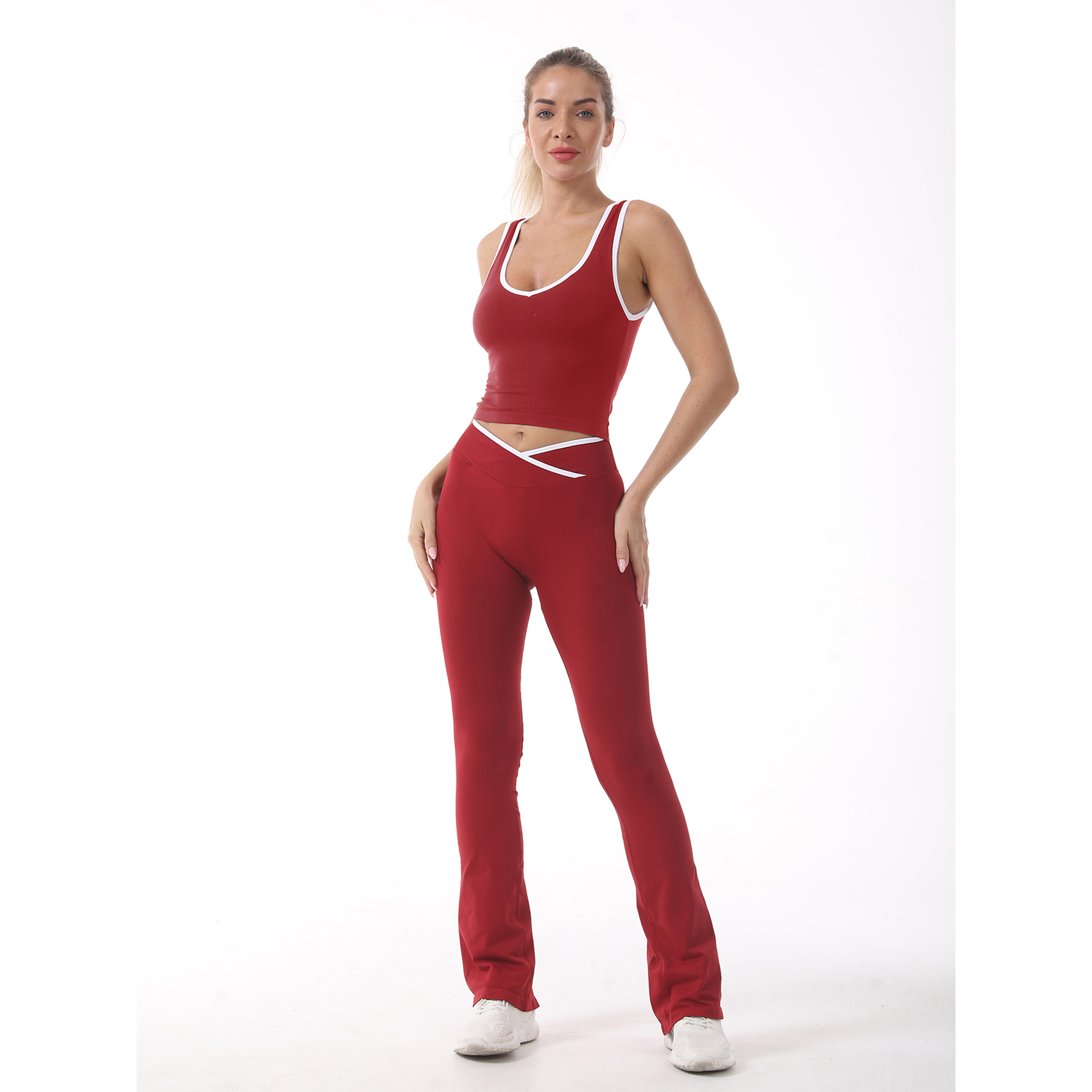 European and American Nude Sports Bra Vest, High-Waisted Wide-Leg Tight Yoga Pants, Sports Fitness Yoga Clothing Set