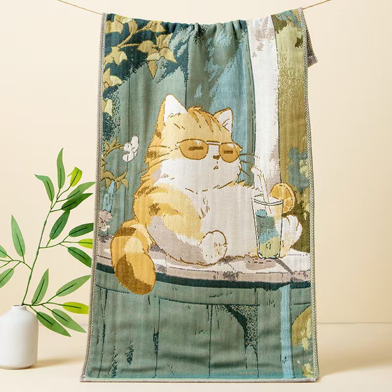 新款纱布儿童毛巾纯棉洗脸家用大毛巾婴儿可用彩绘风童话纱布面巾