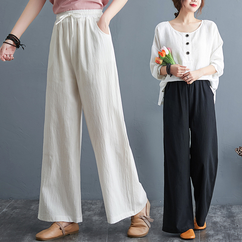 Cotton and Linen Pants Women's Spring and Autumn Casual Linen White Wide Leg Pants High Waist Draped Straight Leg Pants Summer Big Leg Pants