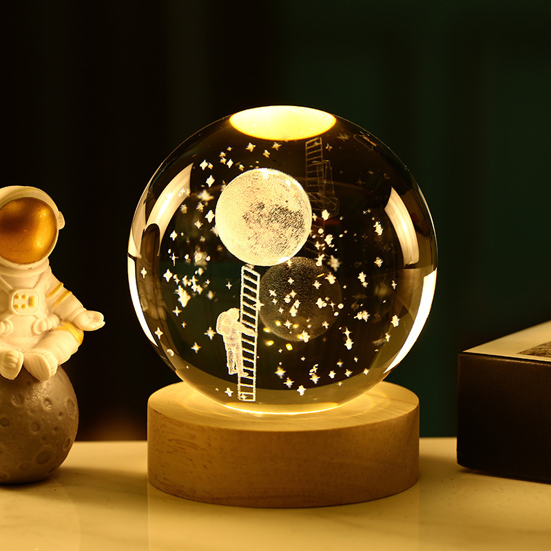 Bola de cristal luminosa, luz nocturna, cielo estrellado tallado en 3D, base de madera maciza, decoración de escritorio creativa, regalo de cumpleaños