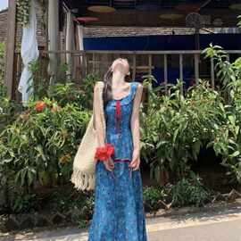 海边度假风蓝色碎花吊带连衣裙女春季新款小众轻奢收腰显瘦中长裙