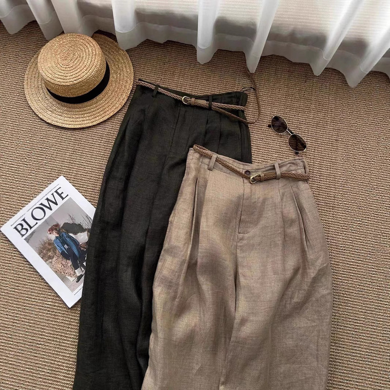 Ready to Ship ~ This Year’S Popular Khaki Linen Wide-Leg Pants for Women ◆ High-Waisted Slimming and Relaxed Straight Casual Pants
