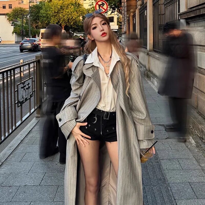 高级感条纹风衣外套女2025春秋新款宽松系带韩版中长款慵懒风大衣|undefined