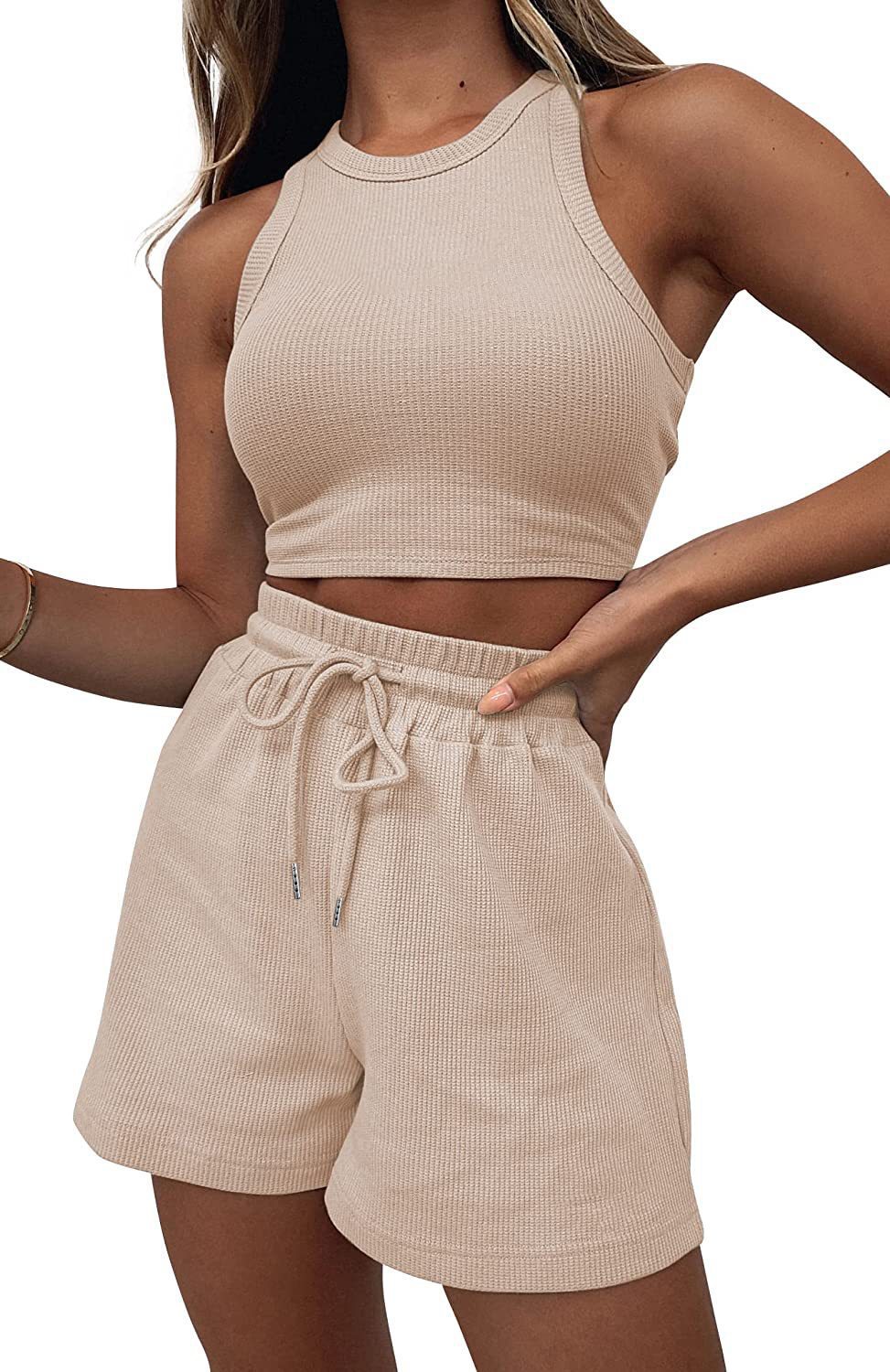 Conjunto de 2 peças feminino colete sem mangas e calça waffle_voghion.com