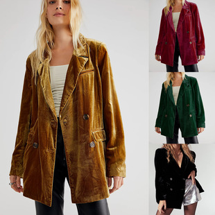 2025 New Gold Velvet Jacket Slit Suit Jacket Amazon Ins Cross-Border Popular European and American Clothing Tops