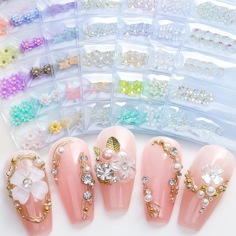 Nail ornaments cream color Saussurea Lotus three-dimensional resin flower butterfly six-compartment bag nail ornaments Accessories Wholesale