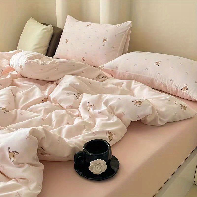 Girly Heart Ins Soft Cute Rabbit Four-Piece Washed Cotton Student Dormitory Single Three-Piece Set for All Seasons