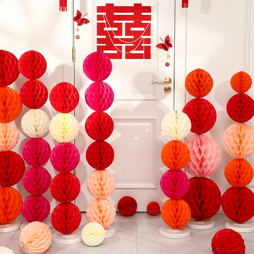Men and women wedding honeycomb ball column floor floating decoration room bedroom lantern pull flower wedding room decoration set