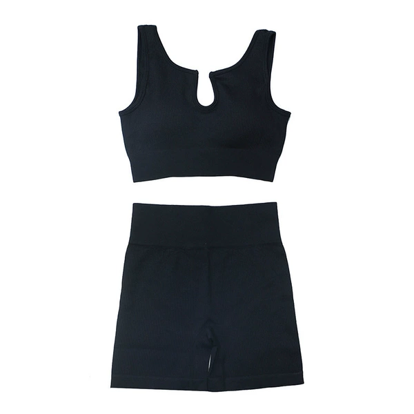 Bra, black shorts