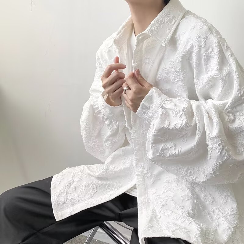 New dark-themed, mature-style embossed jacquard long-sleeved shirt jacket for men, Japanese style, Vibe-inspired, ascetic-looking shirt.