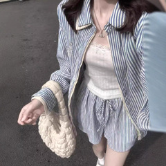 韩系休闲条纹衬衣套装女秋季新款学院风小个子衬衫短裤简约两件套