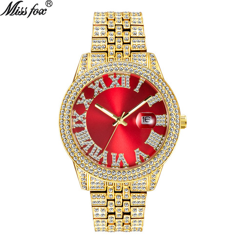 MISSFOX watch, international fashion Roman rose pink full diamond waterproof luminous men's quartz watch cross-border supply
