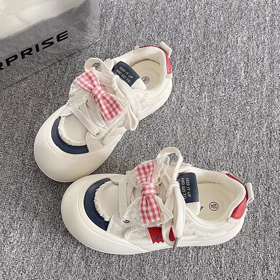 Допамин бант большая голова обувь женская весна 2025 новая дикая толстая подошва маленькая белая обувь хлебная обувь