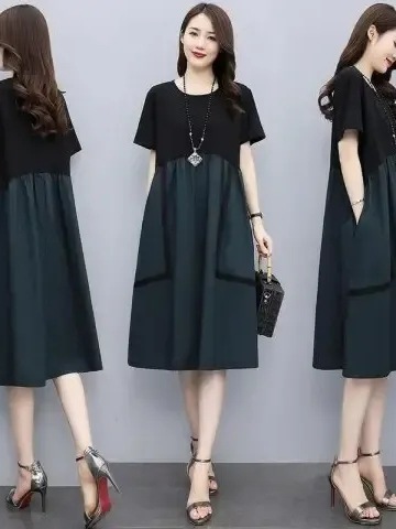 Plus-size color-blocking patchwork maxi dress for women 2025 summer, medium-long length, stylish loose fit, flattering, hides belly