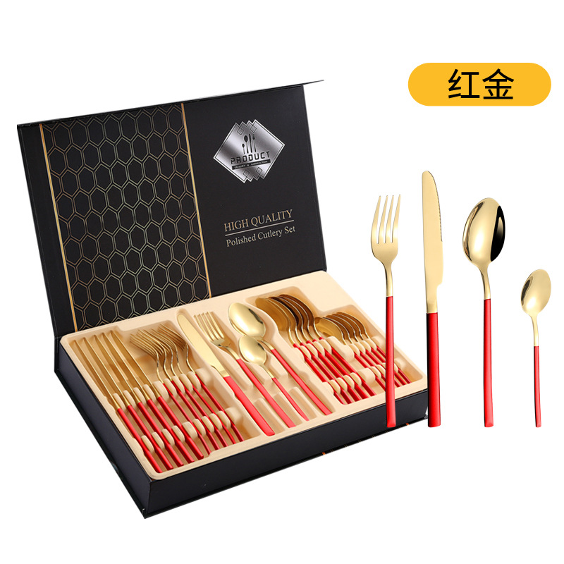 Amazon Venta caliente vajilla de acero inoxidable 24 piezas traje transfronterizo producto Caballero 4 piezas principales cuchillo de comida occidental, tenedor y cuchara traje