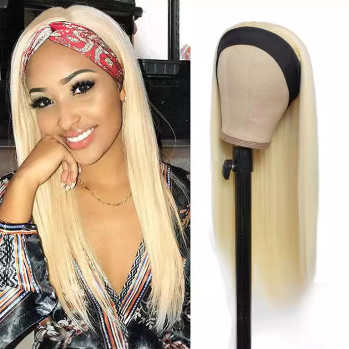 Parrucca liscia con fascia per capelli – Capelli sintetici resistenti al calore in nero/marrone/bordeaux (24/26/28/30/32 pollici)_voghion.com