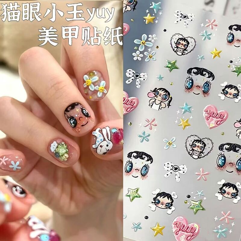 Cute Little Jade Cartoon Nail Art Stickers with Polka Dots, Bowknots, Cat Eyes, and Heart Shapes for DIY Adhesive Decorations
