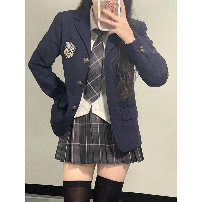 JK 유니폼 세트 세트 재킷 여성 대학 스타일 귀여운 격자 원피스 세트 봄과 가을 3 피스 세트 여성 의류