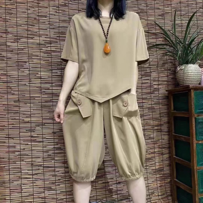 夏のファッショナブルなカジュアルスーツ、ゆったりとした洋風のトップスとクロップドパンツの2点セット、快適でお腹をカバーし、痩身と美白に役立ちます。|undefined