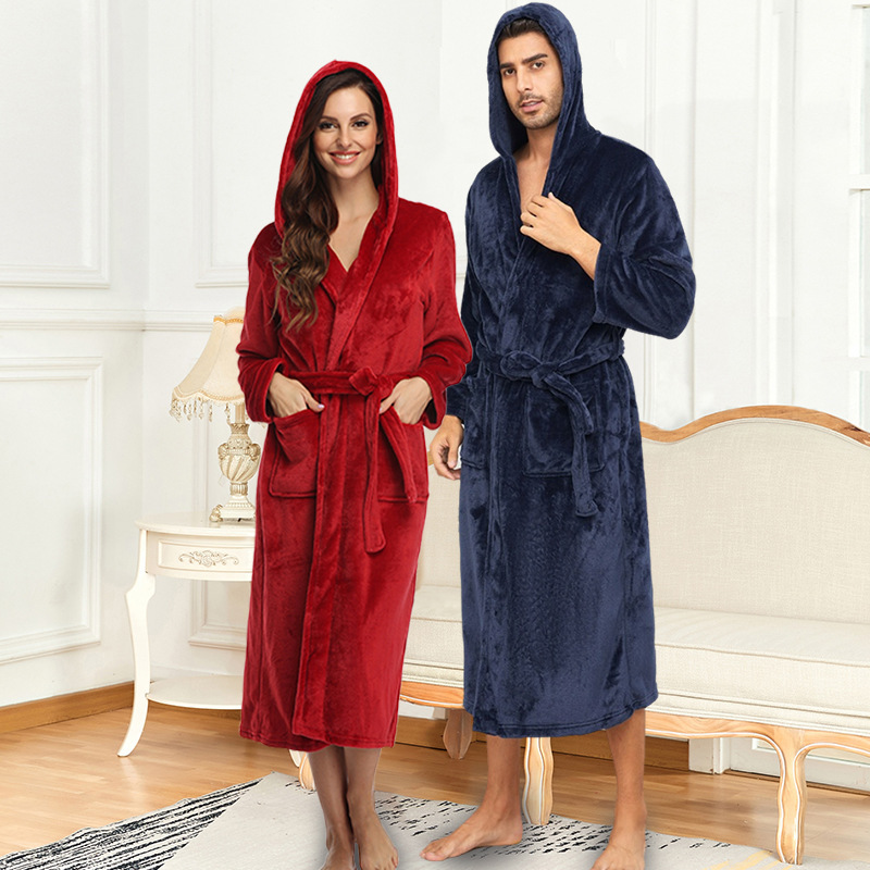 Amazon Cross-border European and American Couples Hooded Nightgown Flannel Autumn and Winter Thickened Lace-up Women's Bathrobe Extra Long