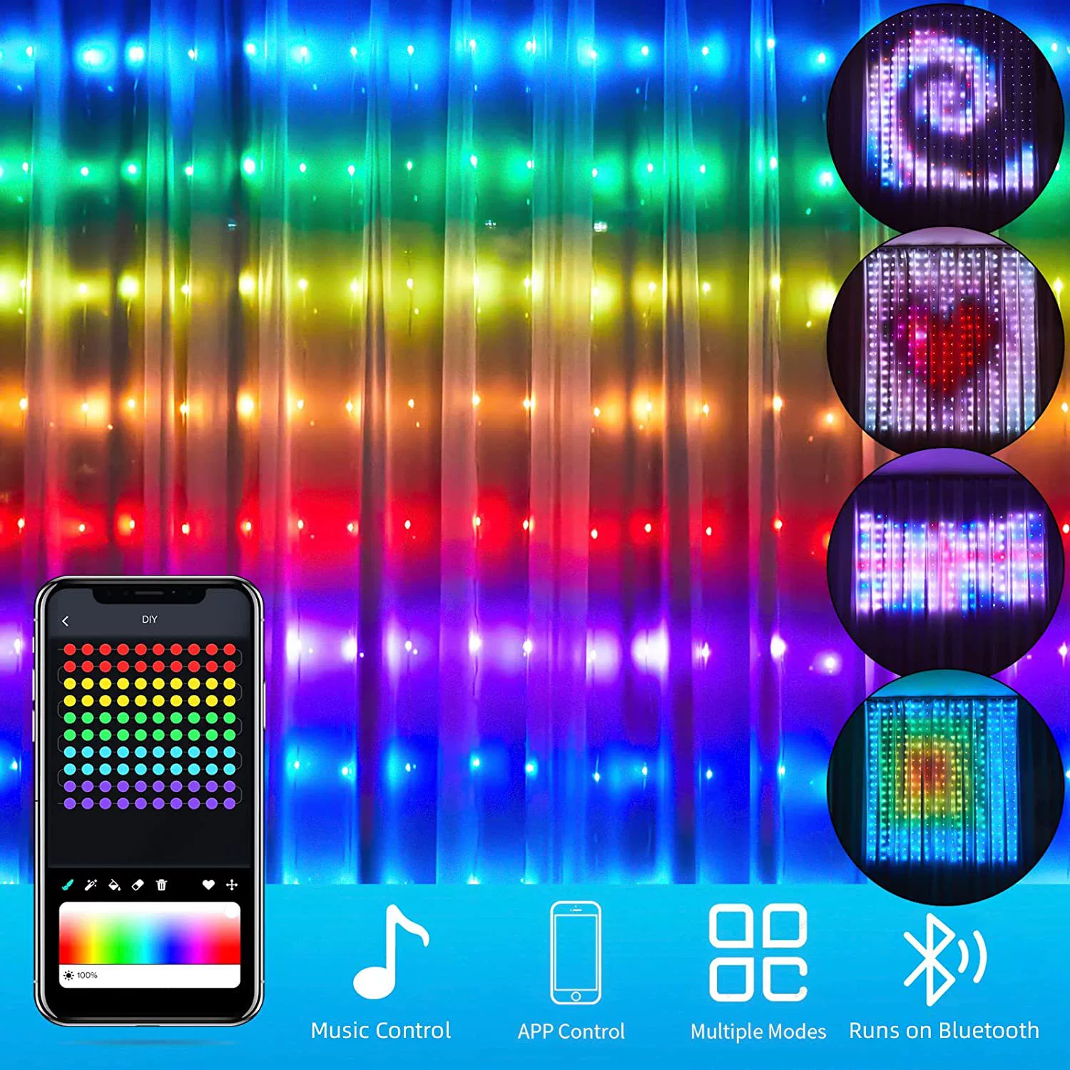 Светодиодная штора с управлением по RGB, программируемая через приложение Bluetooth, синхронизация с музыкой, варианты Symphony