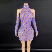 新款跨境欧美热卖女歌手车模舞蹈Dj钻石亮片网纱弹力短裙晚礼服