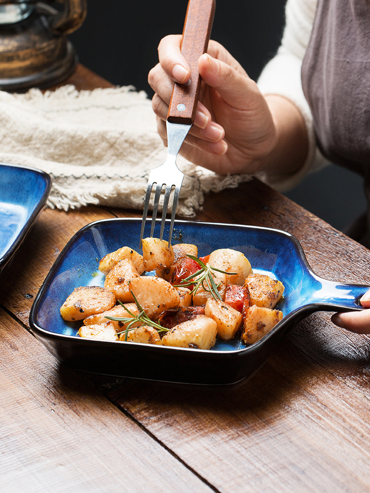 Placa de cerámica creativa con mango hogar plato fruta hornear Internet celebridad arroz al horno japonés esmalte vajilla
