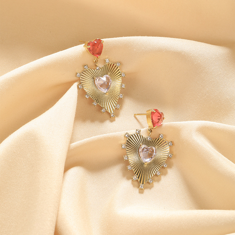 跨境新品耳飾鑲鋯石不規則愛心造型耳墜女不鏽鋼鍍金耳環批發