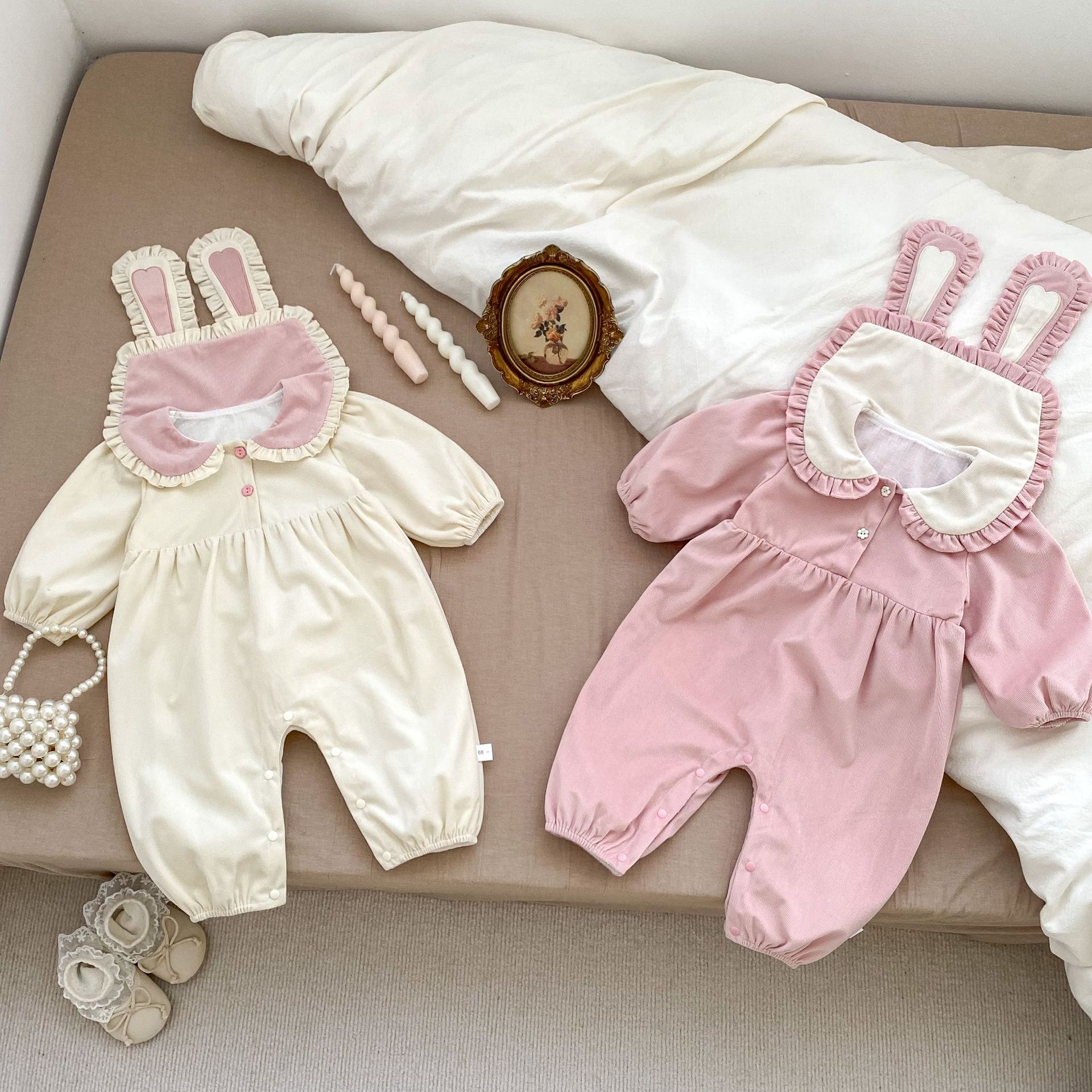Ins Spring New Super Cute Internet Celebrity Baby Clothes Cute Bunny Ears Jumpsuit Baby Girl Covered Clothes Climbing Clothes