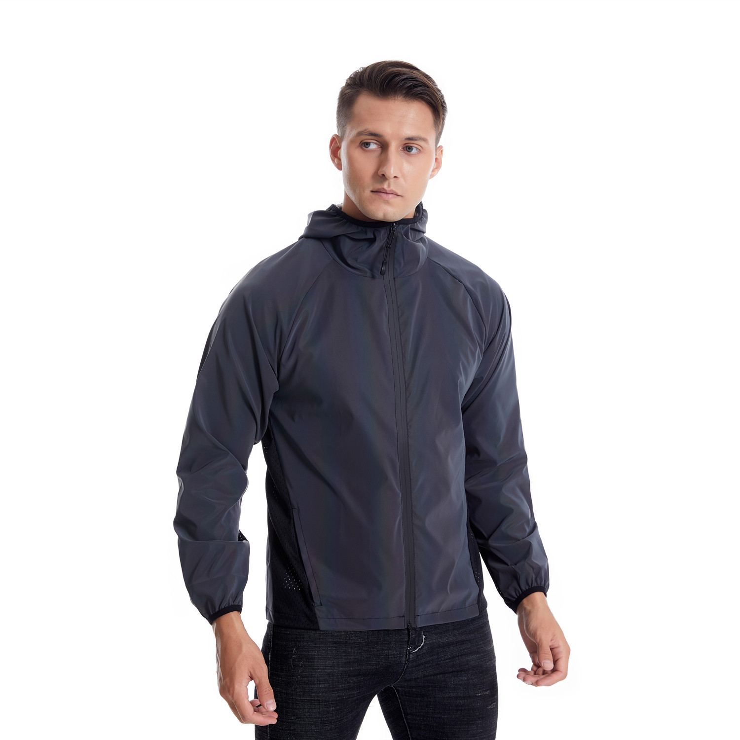 Abbigliamento da uomo, giacca riflettente colorata, sport all'aria aperta, con giunture in rete, giacca con cappuccio traspirante_voghion.com