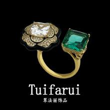 中古vintage复古玫瑰花活口祖母绿钻高端闪钻高级感戒指指环女